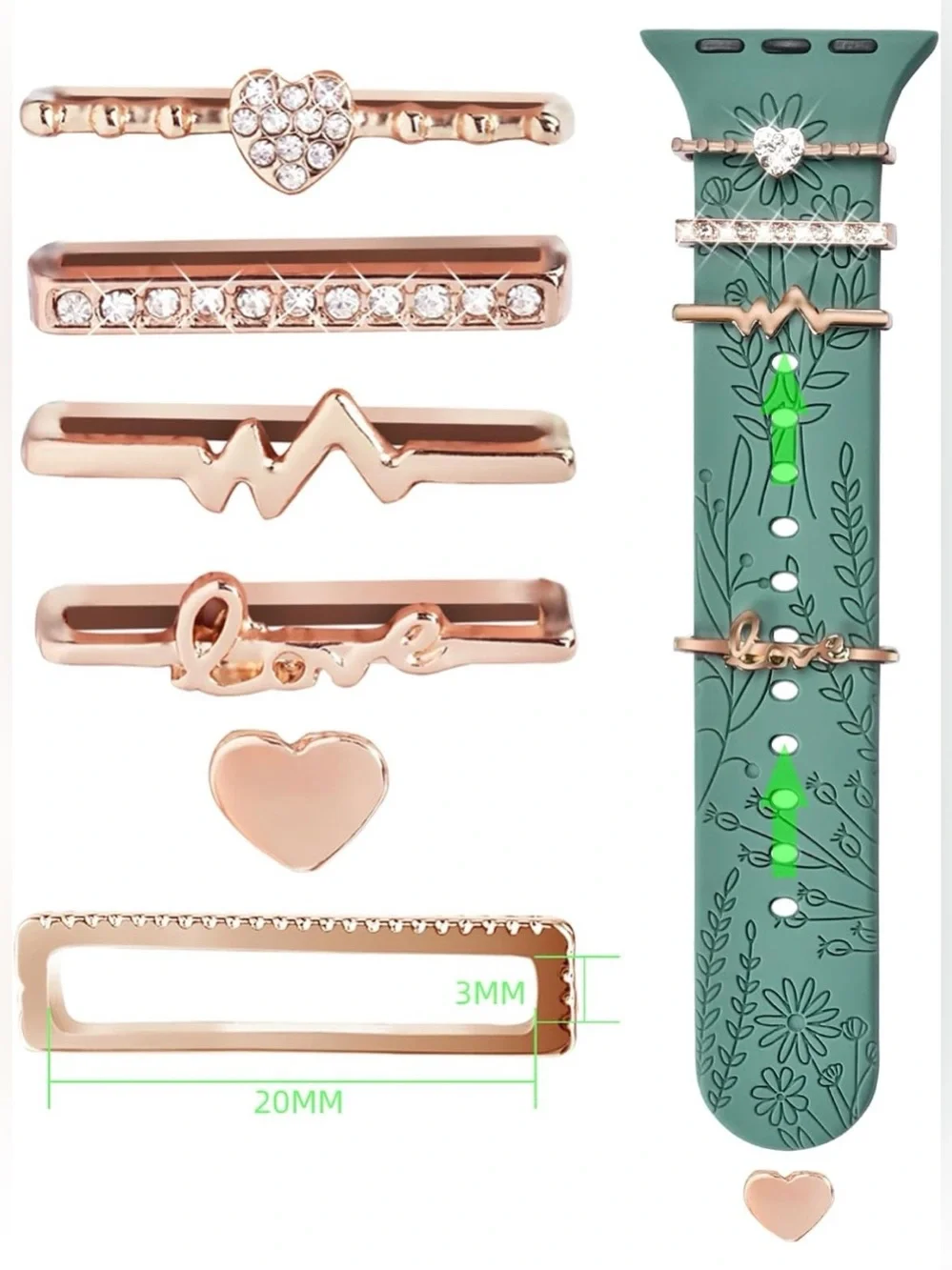 Apple Watch Floral Teal Silicone Band with Rose Gold Charm Set